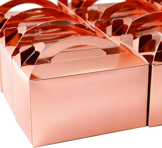 30-Pack Rose Gold Gable Treat Boxes with Handles, 6" Pop-Up Party Favor Gift Boxes for Birthday, Wedding, Baby Shower, Eco-Friendly Candy, Cookie, Goodie Bags for Kids, Bachelorette Decor