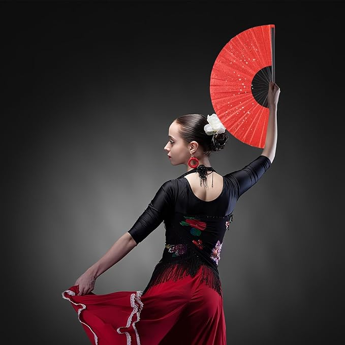 Glitter bling Large Folding Fan-Hand Fan Rave Clack Popping Fan for Line Dancing Clacking Fans for Boots On The Ground Dance, Party for EDM, Music Festival, Hot Flashes, Party, Decoration(3pcs red)