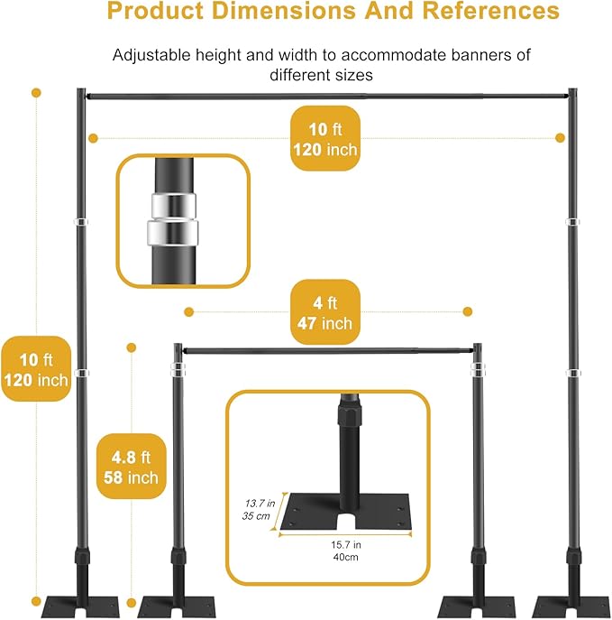 Jiang&Rong 10ft x 10ft Adjustable Backdrop Stand Kit - Heavy Duty Pipe and Drape Stand for Wedding, Birthday Party, Banquet Decorations (Black)
