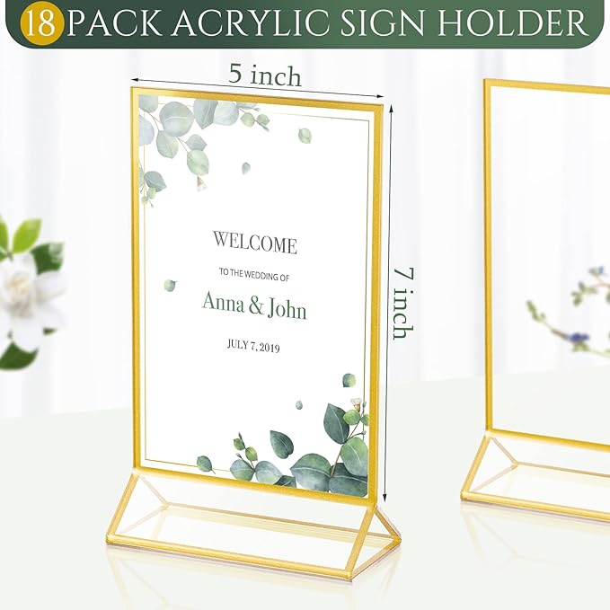 Hoteam 18 Pack Clear Acrylic Double Sided Frames Display Holder Gold Frames Acrylic Signs with Stand 2mm Gold Border for Wedding Restaurant Office Home Store Numbers Signs (5 x 7 Inch, Vertical)