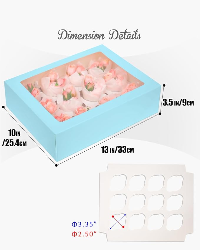 12 Cupcake Containers 10-Packs Light Blue Cupcake Box Cupcakes Carrier, 12 Cupcake Boxes with Window 13"x10"x3.5"（Auto-pop up）