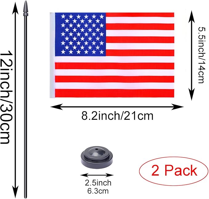 WXTWK 2 Pack American Flag US Desk Flag Set - Mini Small USA Table Office Flags with Black 12" Solid Pole Stand Base 4th of July Party Veteran's Day Classroom Meeting Desktop Decorations