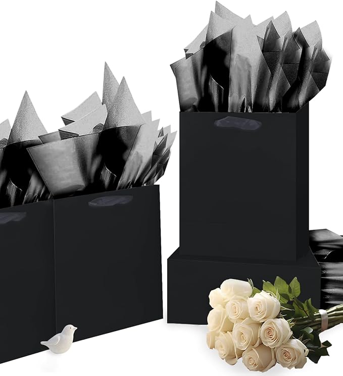 Gcardist Deep Black Gift Bags with Tissue Paper for Wedding, Birthday, Party Supplies-7.9"x4.3"x9.6" Medium Size Cardboard Gift Bags（5pcs Bags +10pcs Tissue Paper ）