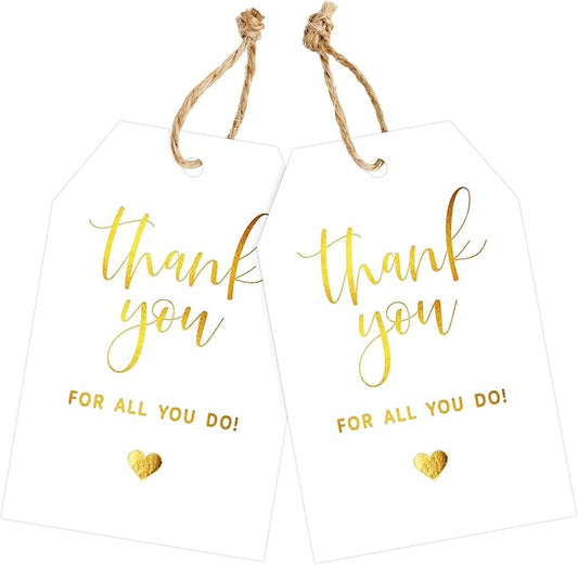 joycraft Thank You for All You Do Tags - 50Pcs Gold Foil Thank You Gift Tags with String, 3.3x2.2in Paper Gift Wrap Hangtags for Wedding, Teacher Appreciation, Mother's Day Thanksgiving, Christmas