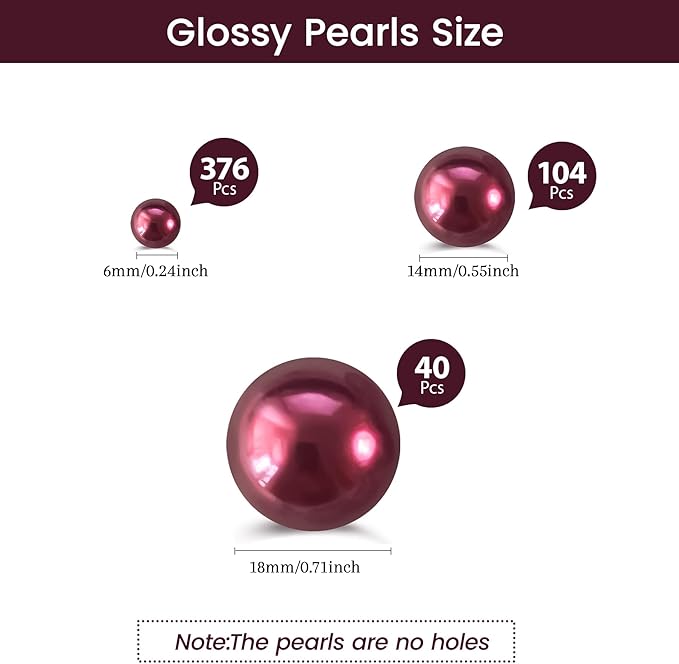 520Pcs WineRed Beads for Centerpieces Decor, Artifical Pearls Vase Filler, Large Beads for Makeup Brush, No Hole Round Pearl Beads for Wedding Birthday Christmas Party Home Decor(18mm 14mm 6mm)