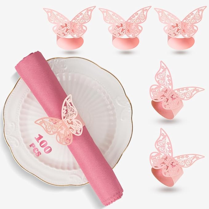 100 Pcs Napkin Rings Laser Cut Butterfly Shape Foil Paper Napkin Holder for Weddings Party Serviette Table Decoration Restaurant (Pink)