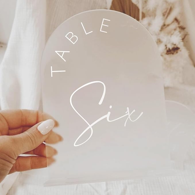 JINMURY Frosted Arch Wedding Table Numbers 1-15 with Stands, 5x7 Inch Frosted Arch Acrylic Sign with White Letters, Arched Acrylic Table Numbers for Wedding Reception