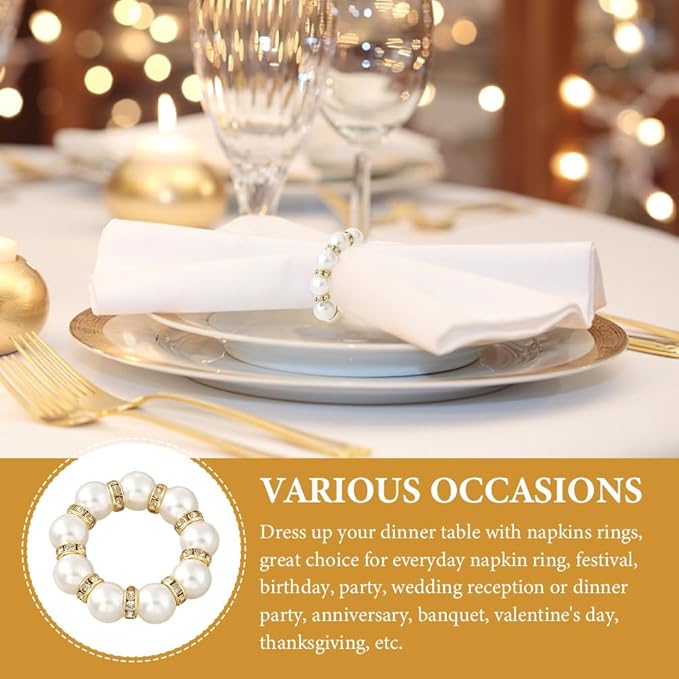 50Pcs Pearl Napkin Rings, Pink Beaded White Silver Round Buckles, Set of 6, Wedding and Formal Dinner Table Decor (50, Gold)