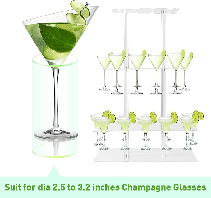 Champagne Tower, Rectangle Acrylic Champagne Display Rack Stand with 32 Slots, 3 Tier Floating Sight Champagne Flute Holder for Party, Wedding, School, Celebration, 17.3x11.8x25.5inch, 2 Pcs