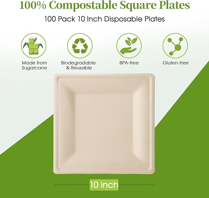ECOLipak 100 Pack Compostable Square Plates, 10 inch Disposable Paper Plates Made of Sugacane, Eco-friendly Heavy Duty Biodegradable