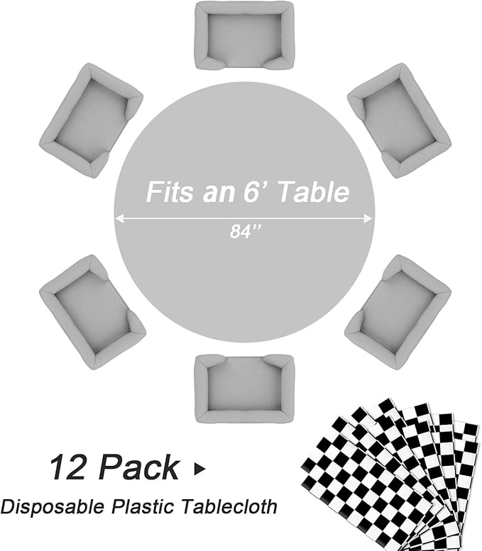 QIKSION Black and White Gingham Round Tablecloth 12 Pack, 84 Inch Plastic Checkered Table Cover Disposable for Parties