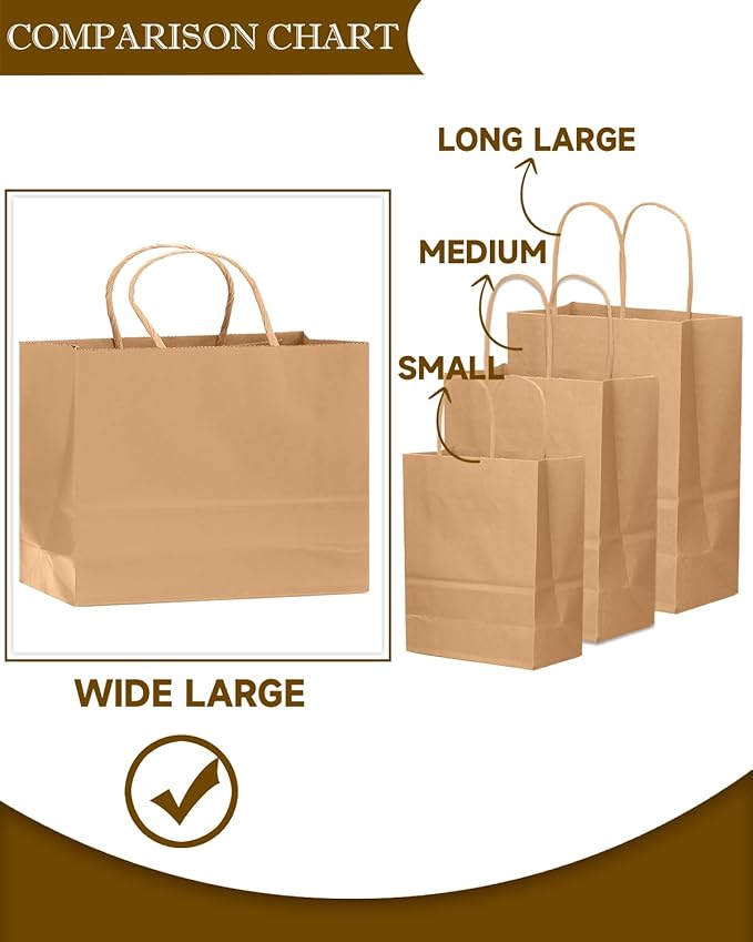qiqee 13"x4.5"x10" Large Gift Bag with Handles Bulk 100PCS Gift Paper Bags Brown Bags Multiple Uses (Wide Large)