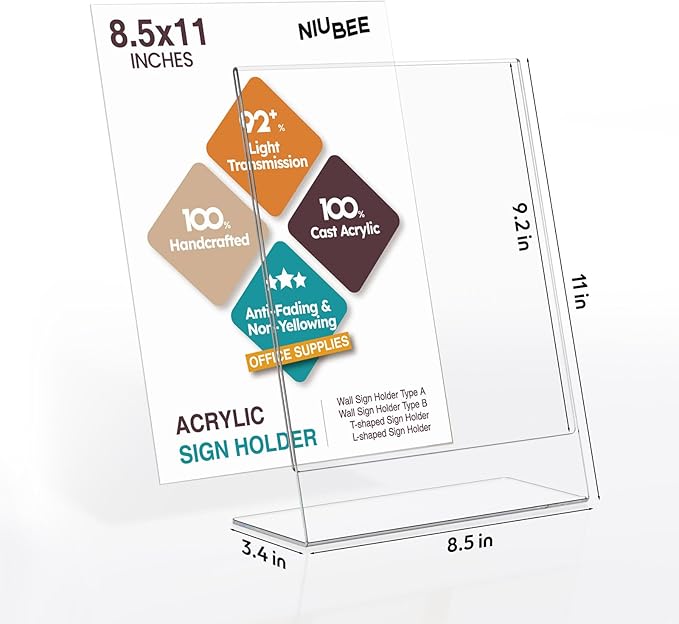 NIUBEE Acrylic Sign Holder 8.5 x 11 Inches Slanted Back, Clear Plastic Sign Holder Paper Display Table Stand for Office, Store, Restaurant (10 Pack)