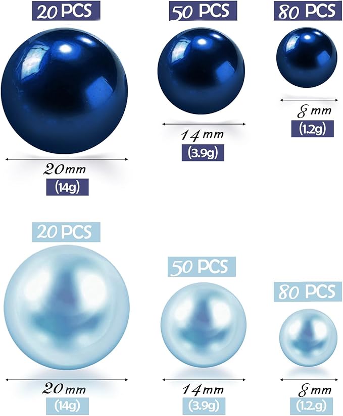 300Pcs Navy & Light Blue Polished No Hole Faux Pearl Beads for Vase Filling Decorations, Plastic Pearls Vase Fillers, Table Scatters, Wedding Centerpiece, Home Decor, 8/14/20 mm