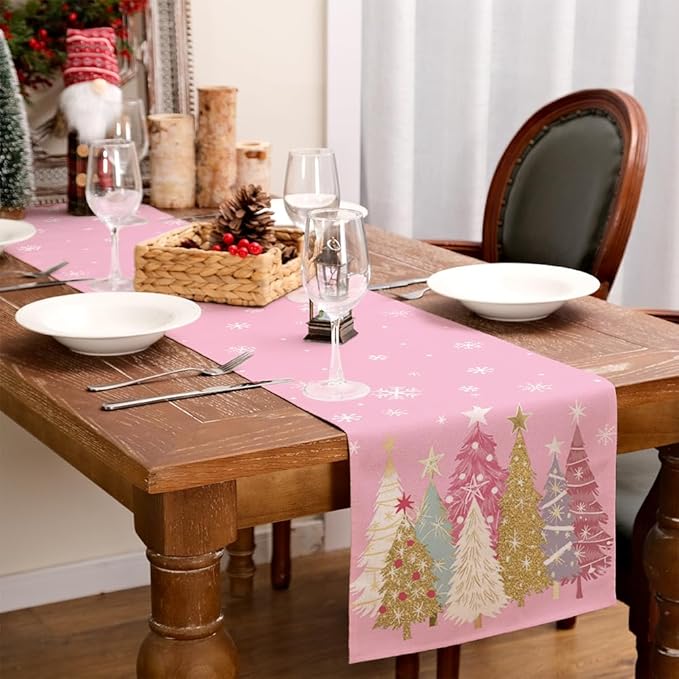 GEEORY Christmas Table Runner 13x60 Inch, Xmas Trees Snowflakes Holiday Decorative Farmhouse Table Decoration for Kitchen Dinning, Indoor Outdoor Dinner Party Decor (Pink) GT153-60