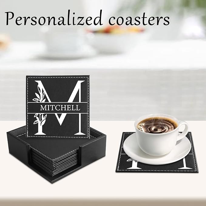 Custom Coasters Set of 6, Personalized Leather Coasters for Drinks with Holder, Customized Coasters Name, Photo, Logo for Coffee Table Bar Wine Cup Housewarming