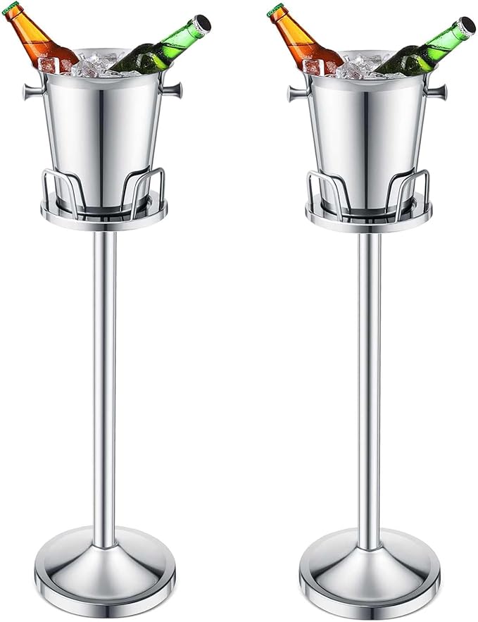 Lallisa 2 Pieces Wine Ice Bucket with Stand Stainless Steel Standing Champagne Ice Bucket Cube Container on Stand for Beer KTV Club Bar BBQ Wedding 35.8in 5L (Silver)