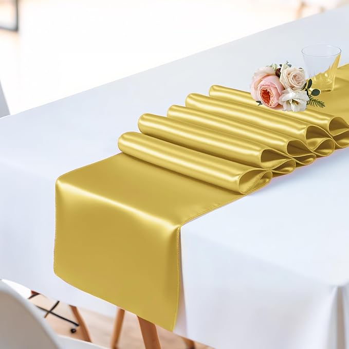 SHEJIZE 20 Pack Light Gold Satin Table Runner 12x108 Inches Long, Bright Silky Smooth Satin Table Runner Table Decor for Wedding Banquet Christmas Prom Event Birthday Party