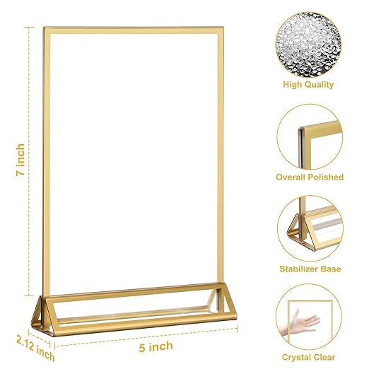 EHWINE 8 Pack 5×7 Clear Acrylic Sign Holder with Gold Borders and Vertical Stand, Double Sided Table Menu Holders Picture Frames for Wedding Table Numbers, Restaurant Signs, Photos and Art Display