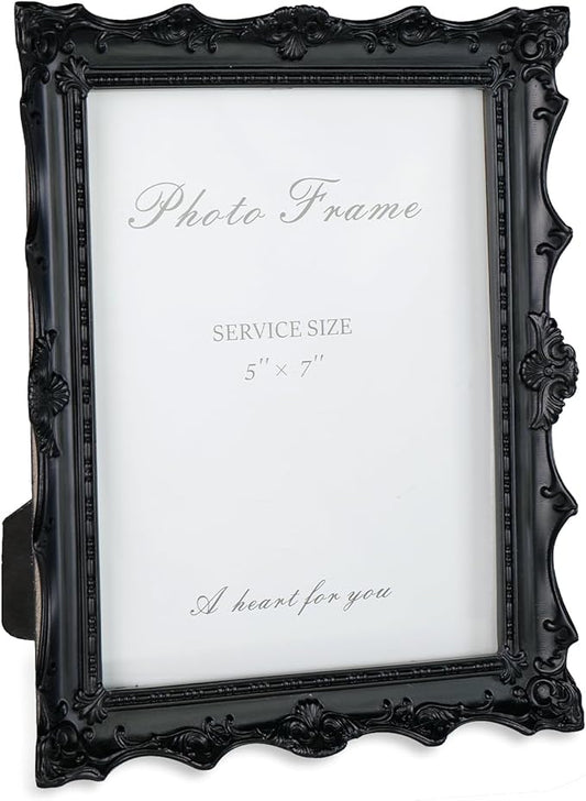 Cuspin 5x7 Black Picture Frame, Handcrafted Resin Frame with Exquisite Carved Details & Glass Front, Vintage Antique Design for Wall Hanging or Tabletop Display, Home Decor