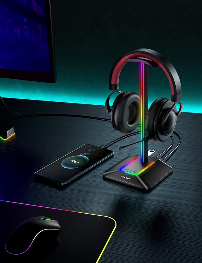 New bee RGB Headphone Stand with 1 USB-C Charging Port and 1 USB Charging Port, Desk Gaming Headset Stand with 7 Light Modes for All Earphone Accessories (Black)