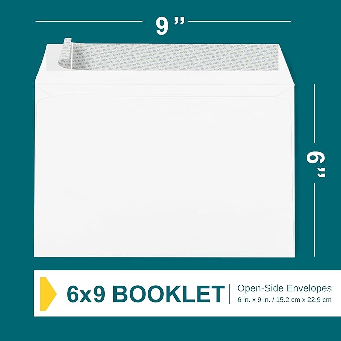 6x9 Booklet Envelopes - 50 pack - Mailing Envelopes Self Seal - White Letter Envelopes with Peel & Seal Closure - Open-Side 6x9 - Plain White 28 lb Paper for Business and Personal Use