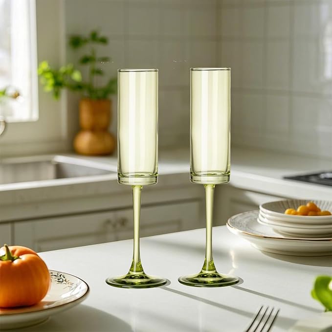 24 Pieces Green Champagne Flutes 6 OZ Straight Sided Wine Glasses Champagne Long Stem Drinking Colored Glasses,Set of 24 Hand Blown Champagne Flutes Goblets for Wedding Cocktail Cups,Cava, Prosecco