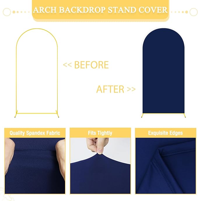 Metal Arch Backdrop Stand and Cover Set 6&6.6&7.2ft Navy Blue Arch Backdrop Covers Gold Wedding Arch Stand Set of 3 Spandex Arched Covers for Bridal Baby Shower Banquet Party Decoration