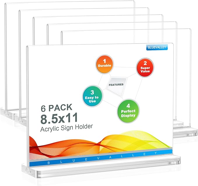 BlueValley Clear Plastic Flyer Sign Holder 8.5 x 11 Standing, Horizontal Table Top Acrylic Brochure Menu Signs Holder, Double Sided Plexi Picture Photo Frame Lucite Paper Display Stand for Office Retail Vendor Show Fairs