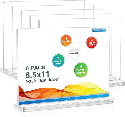 BlueValley Clear Plastic Flyer Sign Holder 8.5 x 11 Standing, Horizontal Table Top Acrylic Brochure Menu Signs Holder, Double Sided Plexi Picture Photo Frame Lucite Paper Display Stand for Office Retail Vendor Show Fairs