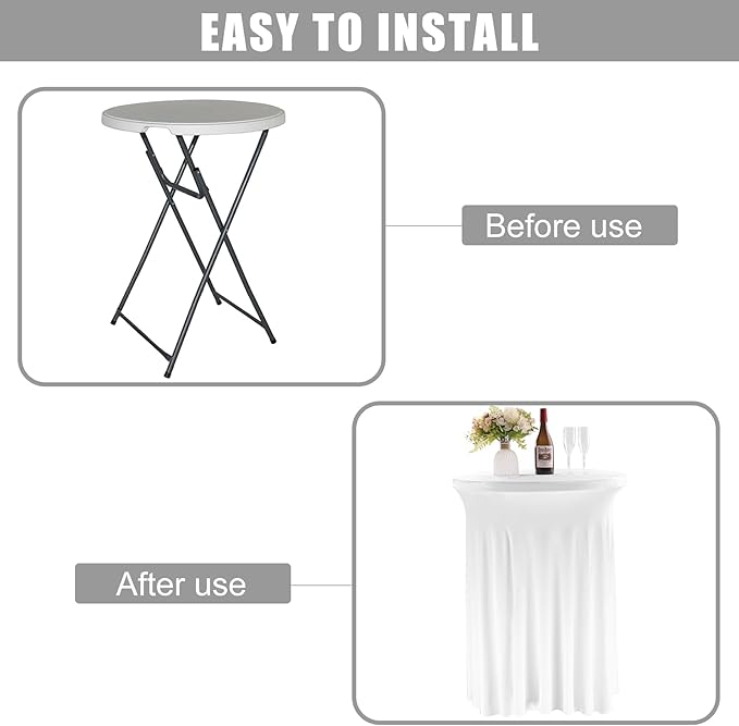 6 Pack Round Cocktail Tablecloth 32"x 43" Spandex Cocktail Table Skirt, Washable Stretch Fitted Table Covers for High Top Bar,Wedding,Party,Events (White)