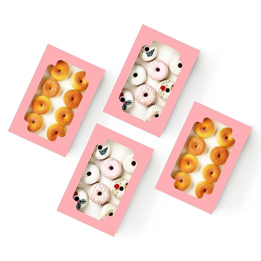qiqee Auto-pop up Pink Cookie Box with Window 12x8x2.5 inch 32 Packs Two Uses One Second Folding Pastry Biscuit Bakery Box for Packaging