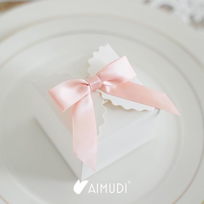 AIMUDI Small Rose Gold Bows 2.5" Pretied Satin Bows for Crafts Twist Tie Bows for Treat Bags Premade Mini Bows for Wedding Bridal Shower Bithday Baby Shower Decor - 50 Counts