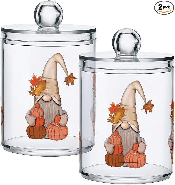 Gredecor 2 Pack Apothecary Jars with Lid Fall Gnome Maple Pumpkins Qtip Holder Dispenser Storage Containers Clear Plastic Cute Fall Autumn Thanksgiving Theme Canisters for Bathroom Vanity Organization