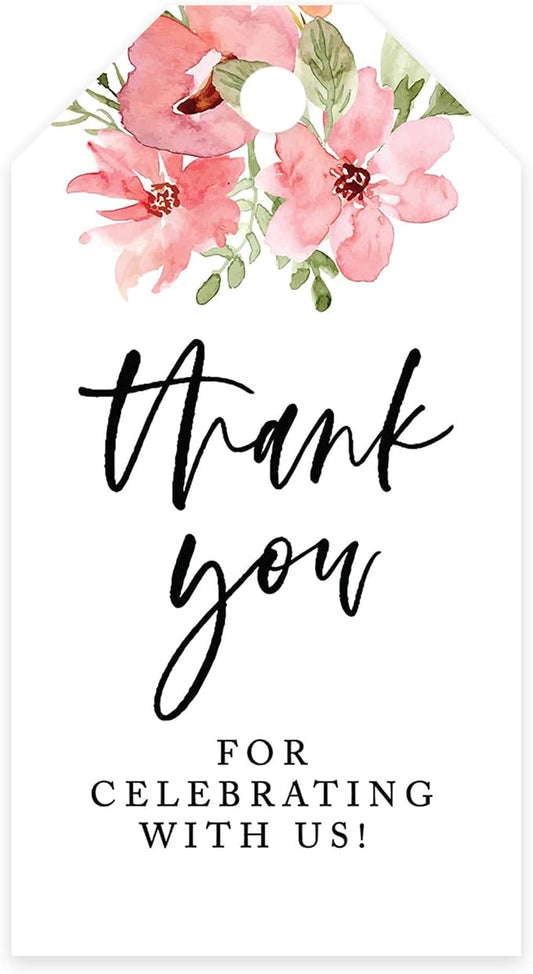 Andaz Press 100-Pack Thank You for Celebrating with Us Favor Tags Coral Watercolor Florals Cardstock Gift Tags with Bakers Twine for Wedding Baby Shower Bridal Shower Party Favors 2 x 3.75-Inches