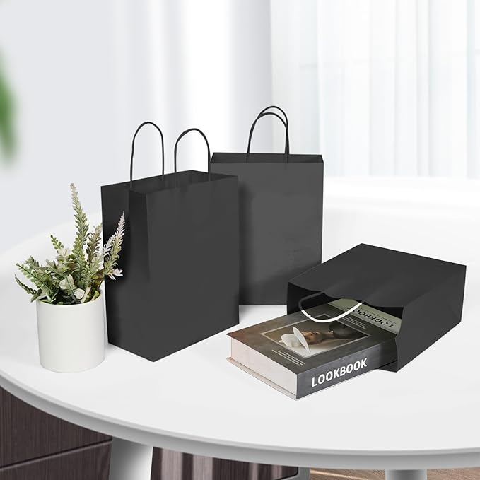 40 PCS Black Paper Bags With Handles 8.3x5.9x3.2 Inch Bulk Gift Bags For Birthdays,Weddings,Baby Showers,Party Favor,Goodie Bags,Retail bag(Small,Black)