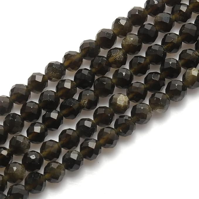 Song Xi 90pcs 4mm Natural Gold Obsidian Gemstone Beads Faceted Round Loose Stone Beads for Jewelry Making