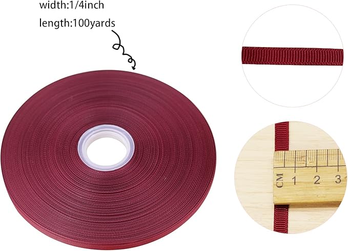 Jesep One Roll 100 Yards 1/4 inch Maroon Soild Grosgrain Ribbon Boutique Gift Wrapping Package Ribbon, DIY Crafts Bow Hair Headband Accessories Assorted Ribbon#790 (6mm)