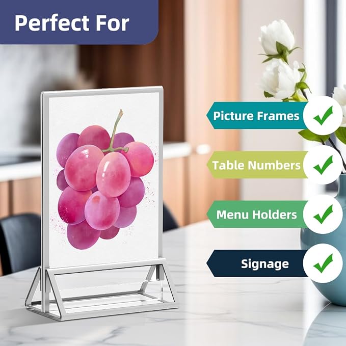 Clear Acrylic Sign Holder 5X7 with Silver Borders Display Stand, Double Sided Acrylic Picture Frames Plastic Sign Holder for Wedding Table Numbers Menu Holder (6 Pack)
