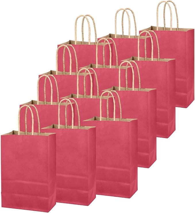 qiqee Bright Pink Gift Bag with Handles Bulk 24Pcs Paper Bags -8.3"x6"x3. 15" Party Favor Bags - Solid Color