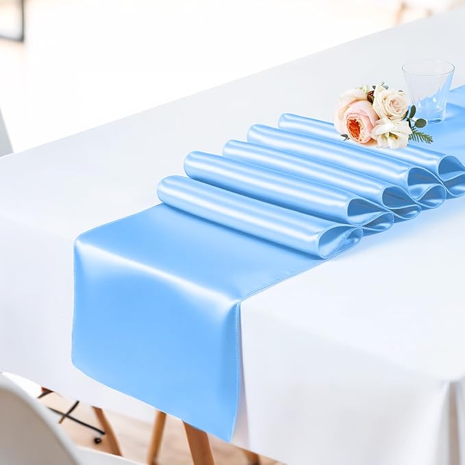 SHEJIZE 2 Pack Light Blue Satin Table Runner 12x108 Inches Long, Bright Silky Smooth Satin Table Runner Table Decor for Wedding Banquet Christmas Prom Event Birthday Party