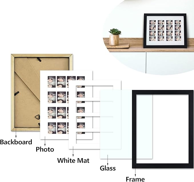 Golden State Art, 8.5x11 Photo frame with mat for 4 2x6 photo booth pictures, Includes Real Glass & Easel Back Display, make a good gifts, Black