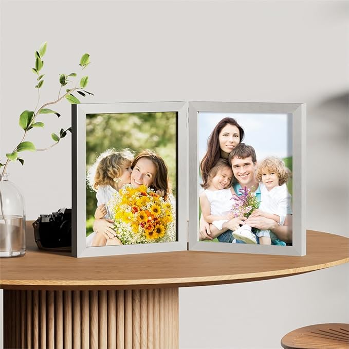decorUhome Double 8x10 Picture Frame Vertical, Engineered Wood Bifold Photo Frame with Plexiglass for Tabletop Display, 8x10, Silver