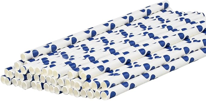 100 Counts Blue Polka Dots Paper Disposable Drinking Straws 7.75 inch, 0.24" Dia. - for Cocktail, Juice, Bar, Restaurant