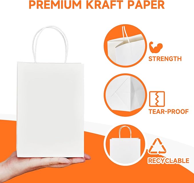 METAPRINT 100 Pack Paper Gift Bags with Handles in Bulk, 5.8x3.2x8.25 Inch Small White Kraft Paper Bag for Birthday Party Favors Grocery Retail Shopping Business Goody