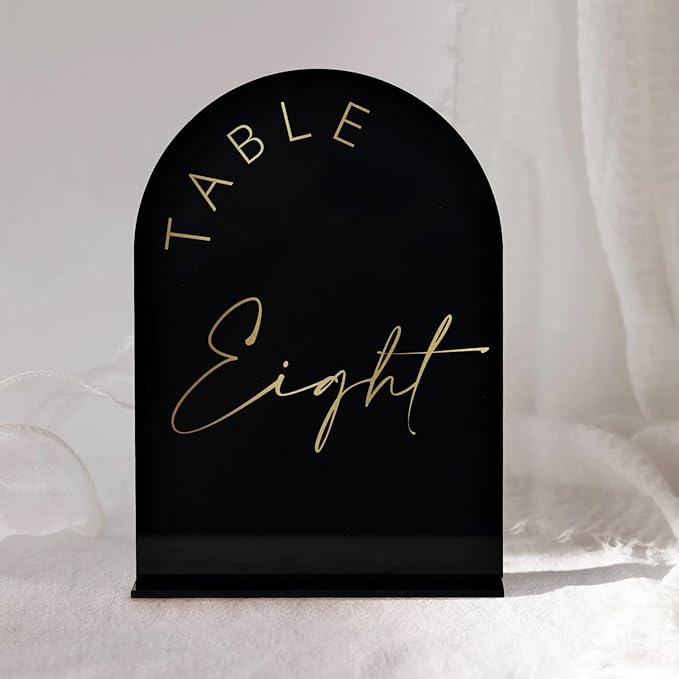 Black Arch Wedding Table Numbers 1-25 with Stands, 5x7 Inch Arch Acrylic Sign Black and Gold Lettering, Arch Acrylic Table Numbers for Wedding Reception