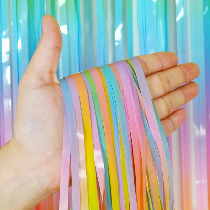 Melsan 2 Pack 3.2 ft x 8.2 ft Pastel Tinsel Foil Fringe Curtains Backdrop, Metallic Rainbow Foil Curtains for Easter Party Decorations Party Photo Booth Props Decoration (Rainbow)