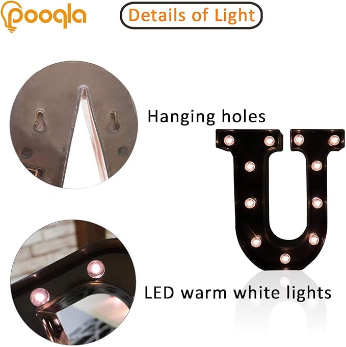 Decorative LED Illuminated Letter Marquee Sign - Alphabet Marquee Letters with Lights For Wedding Birthday Party Christmas Night Light Lamp Home Bar Decoration U, Black