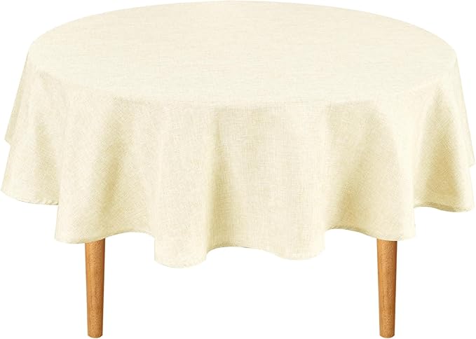 Hiasan Round Linen Tablecloth 60 Inch - Wrinkle and Stain Resistant Washable Polyester Fabric Table Cloth for Dining Room Kitchen Party, Champagne