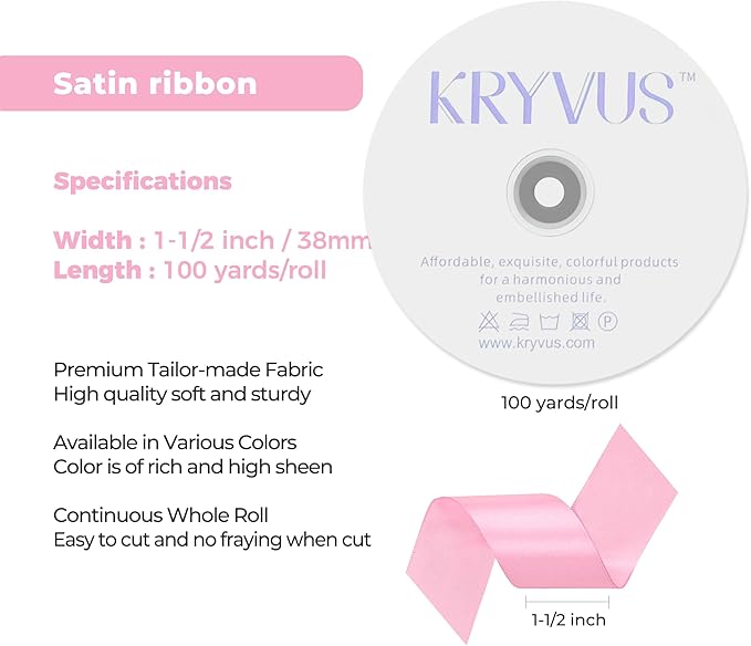 Rose Pink Satin Ribbon 1-1/2 inch X Continuous 100 Yards, Single Face Polyester Ribbon Perfect for Gift Wrapping, Flower Bouquet, Wedding Decor, Crafts, Bow Making, Sewing and More